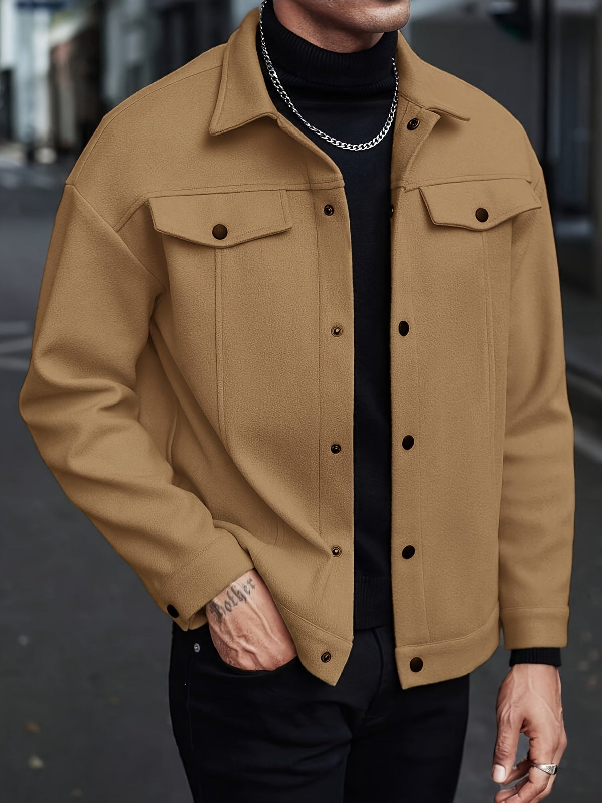 Veste homme col à revers boutons-pression — Kaki