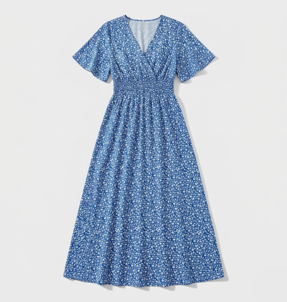 Rivaclo | Women's Printed Maxi Dress with V-Neck – Short Sleeves