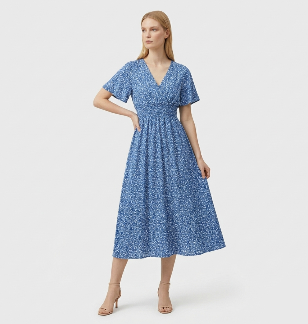 Rivaclo | Women's Printed Maxi Dress with V-Neck – Short Sleeves