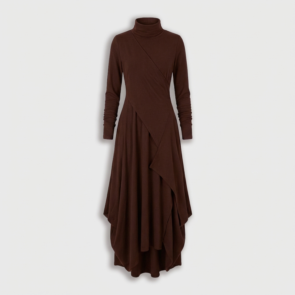 Femme Robe Maxi à Col Montant à Manches Longues | Design Asymétrique