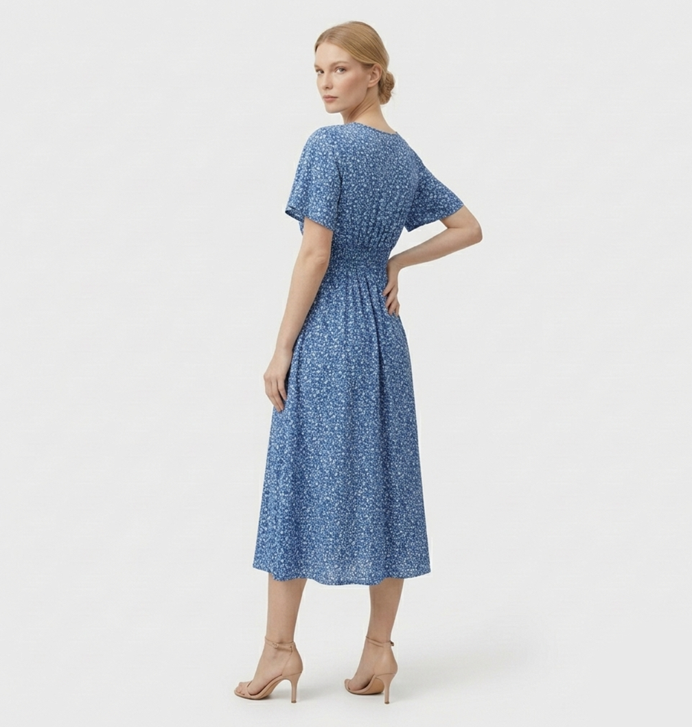 Rivaclo | Women's Printed Maxi Dress with V-Neck – Short Sleeves