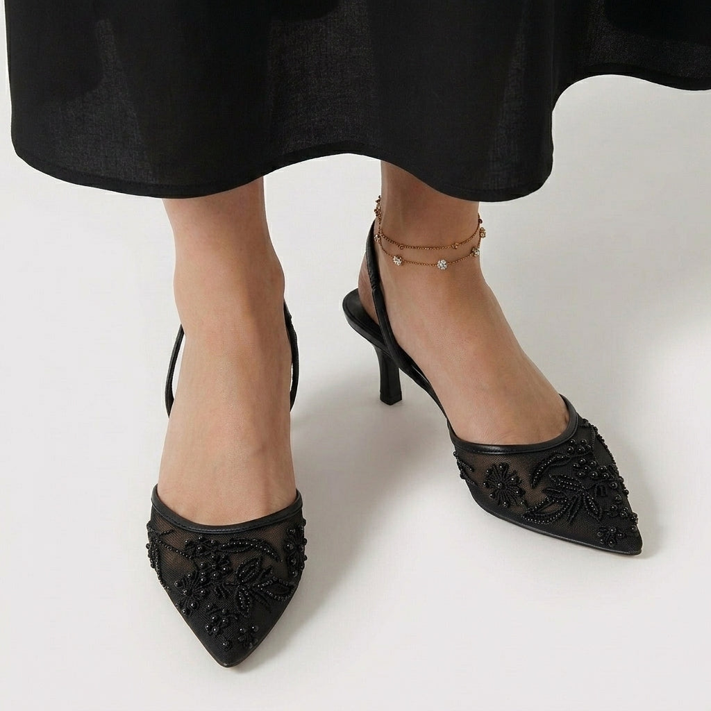 Rivaclo | Women's Slingback Heels with Pointed Toe – Detailed Embroidery