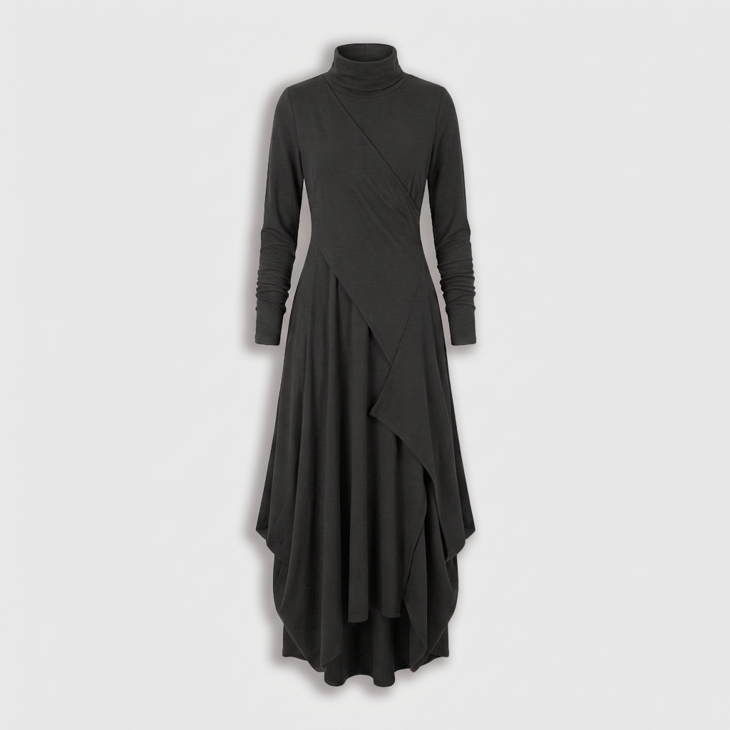 Femme Robe Maxi à Col Montant à Manches Longues | Design Asymétrique