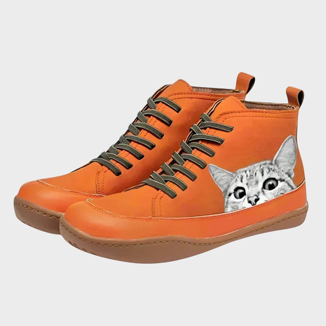 Bottes femme imitation cuir à motif chat