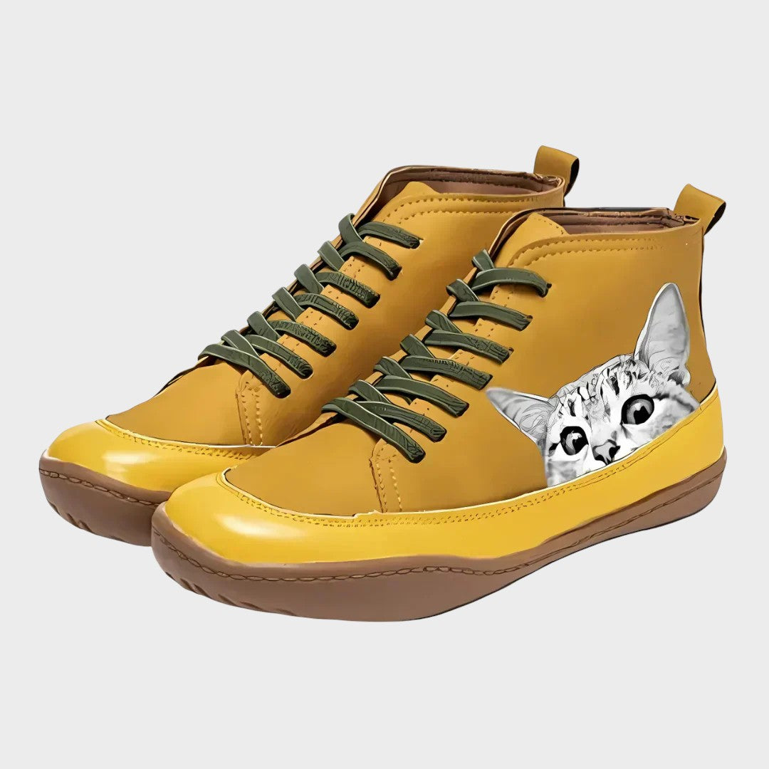 Bottes femme imitation cuir à motif chat — Imitation cuir jaune