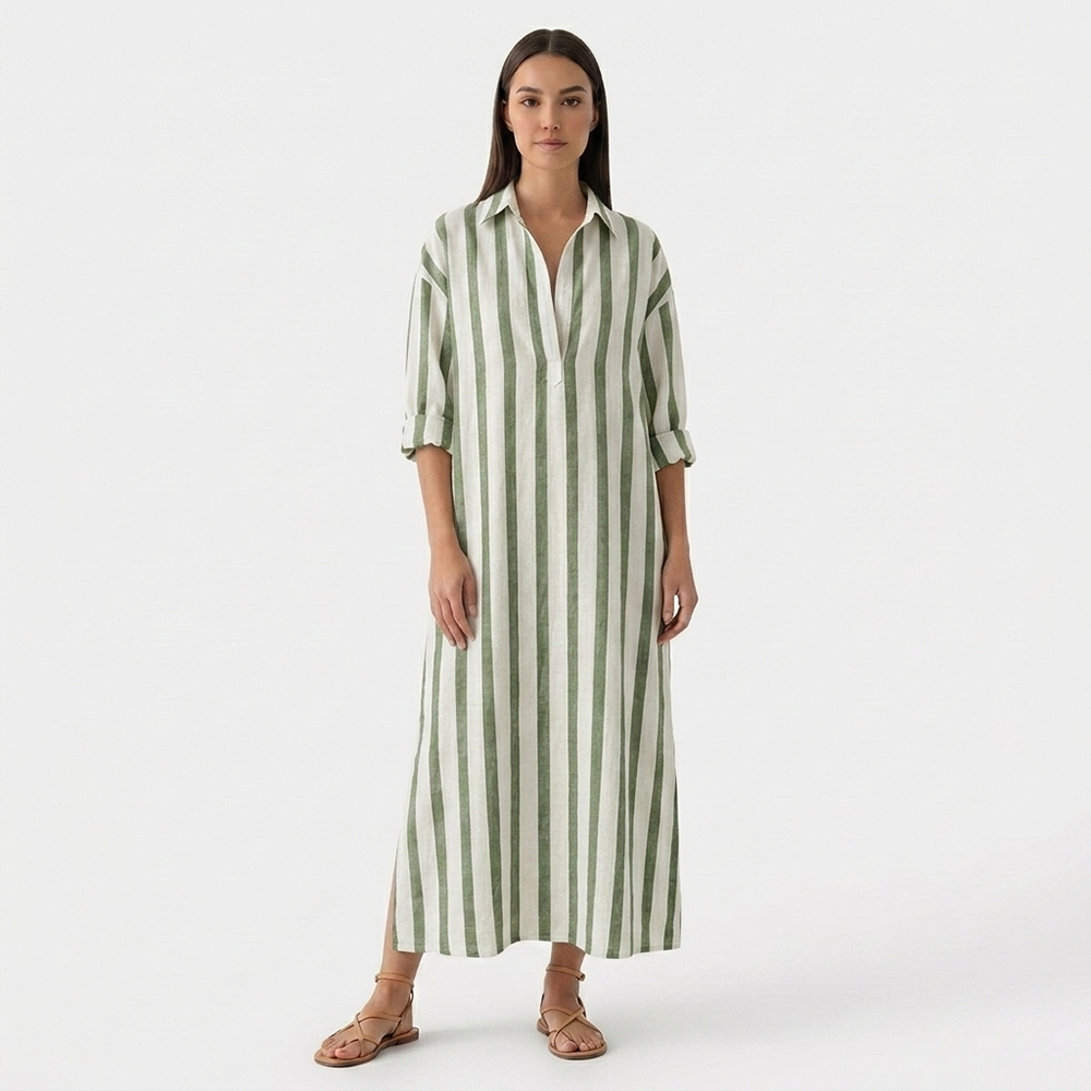 Rivaclo | Women's Striped Dress with Collar – Side Slit with Pockets