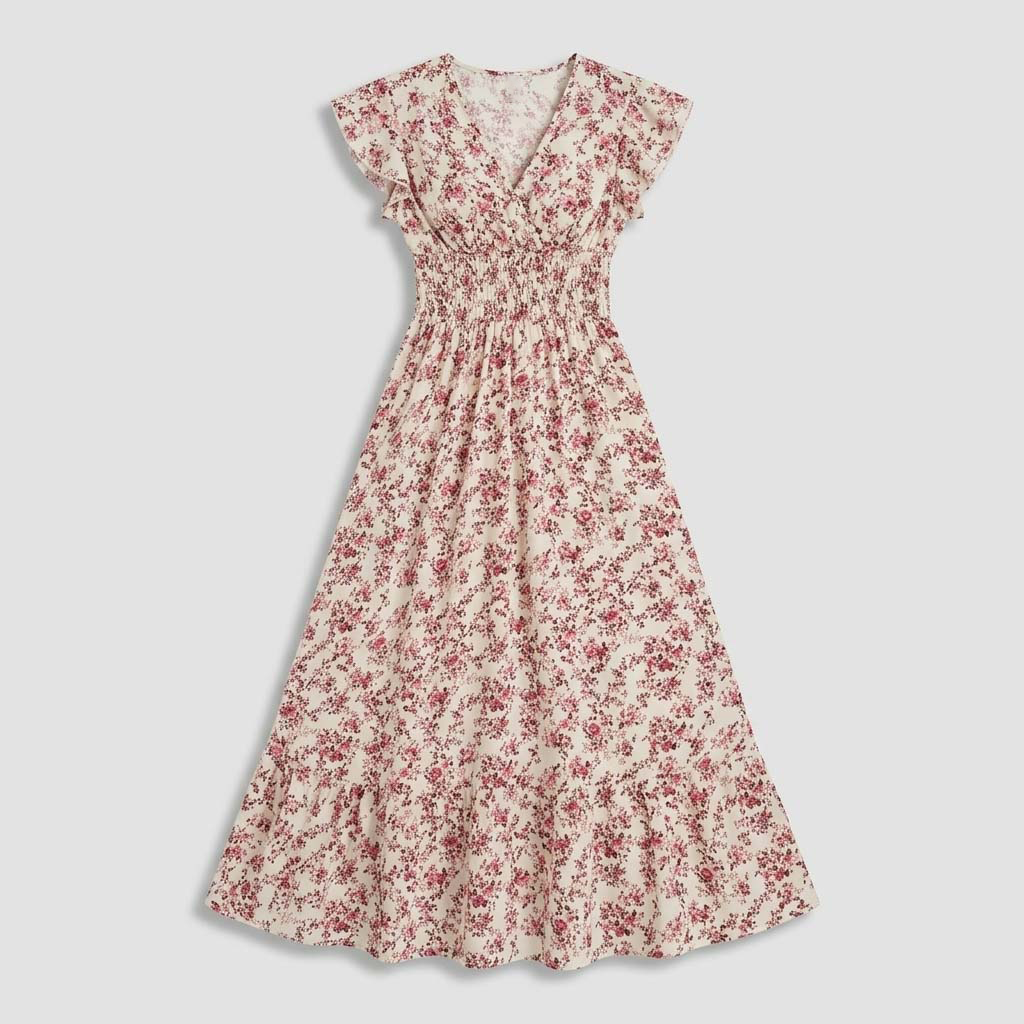 Rivaclo | Women's Printed Maxi Dress – V-Neck with Ruffled Sleeves