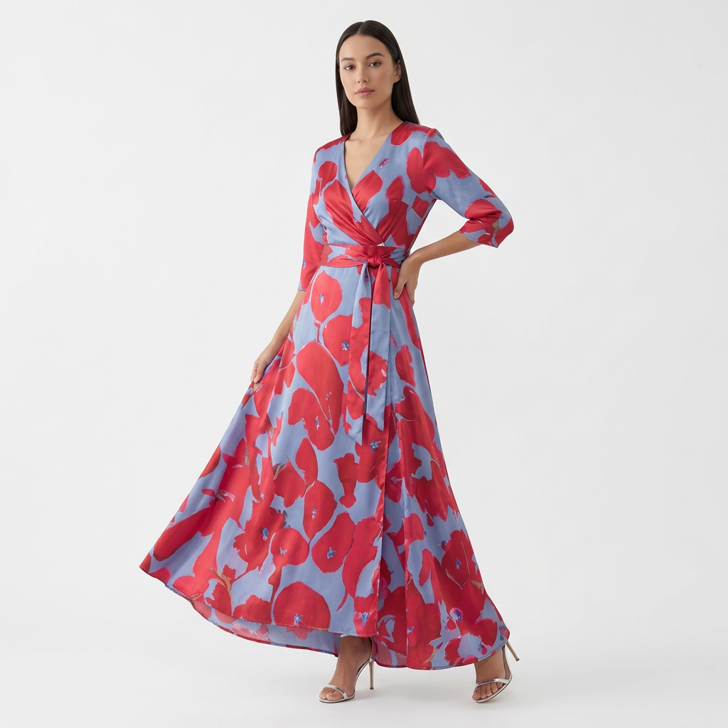 Femme Robe Maxi Imprimée à Col V à Manches 3/4 | Style Fluide