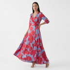 Femme Robe Maxi Imprimée à Col V à Manches 3/4 | Style Fluide