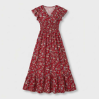 Rivaclo | Women's Printed Maxi Dress – V-Neck with Ruffled Sleeves