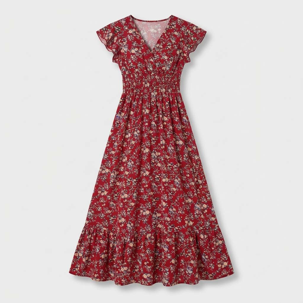 Rivaclo | Women's Printed Maxi Dress – V-Neck with Ruffled Sleeves