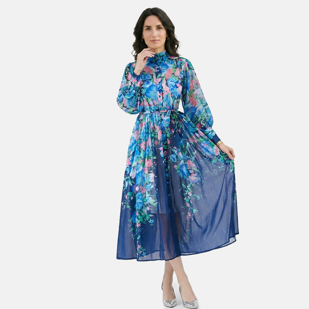 Rivaclo | Women's Floral Long Sleeve Dress with Stand Collar – Elevated Shape
