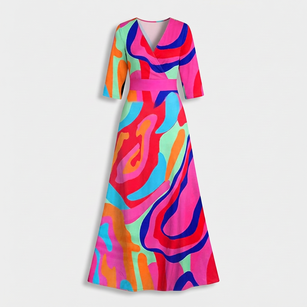 Femme Robe Maxi Imprimée à Col V à Manches 3/4 | Style Fluide