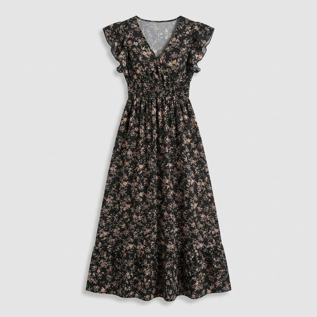 Rivaclo | Women's Printed Maxi Dress – V-Neck with Ruffled Sleeves