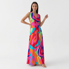 Femme Robe Maxi Imprimée à Col V à Manches 3/4 | Style Fluide