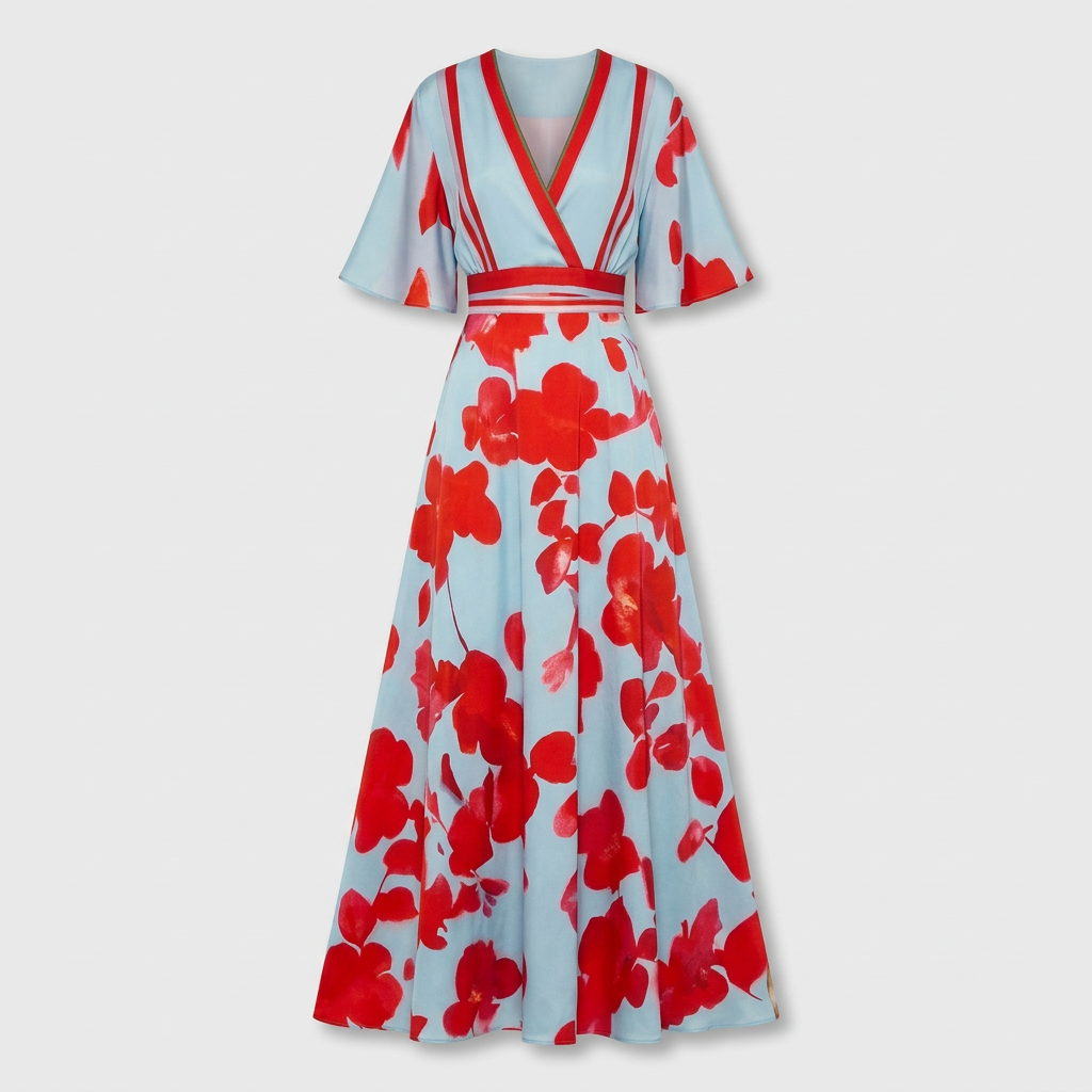 Femme Robe Maxi Imprimée à Col V à Manches 3/4 | Style Fluide