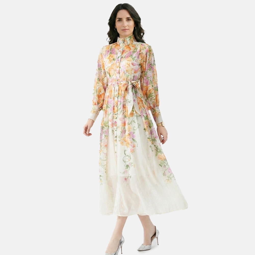 Rivaclo | Women's Floral Long Sleeve Dress with Stand Collar – Elevated Shape