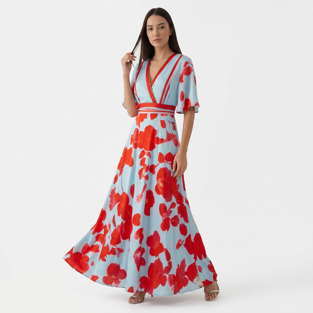 Femme Robe Maxi Imprimée à Col V à Manches 3/4 | Style Fluide