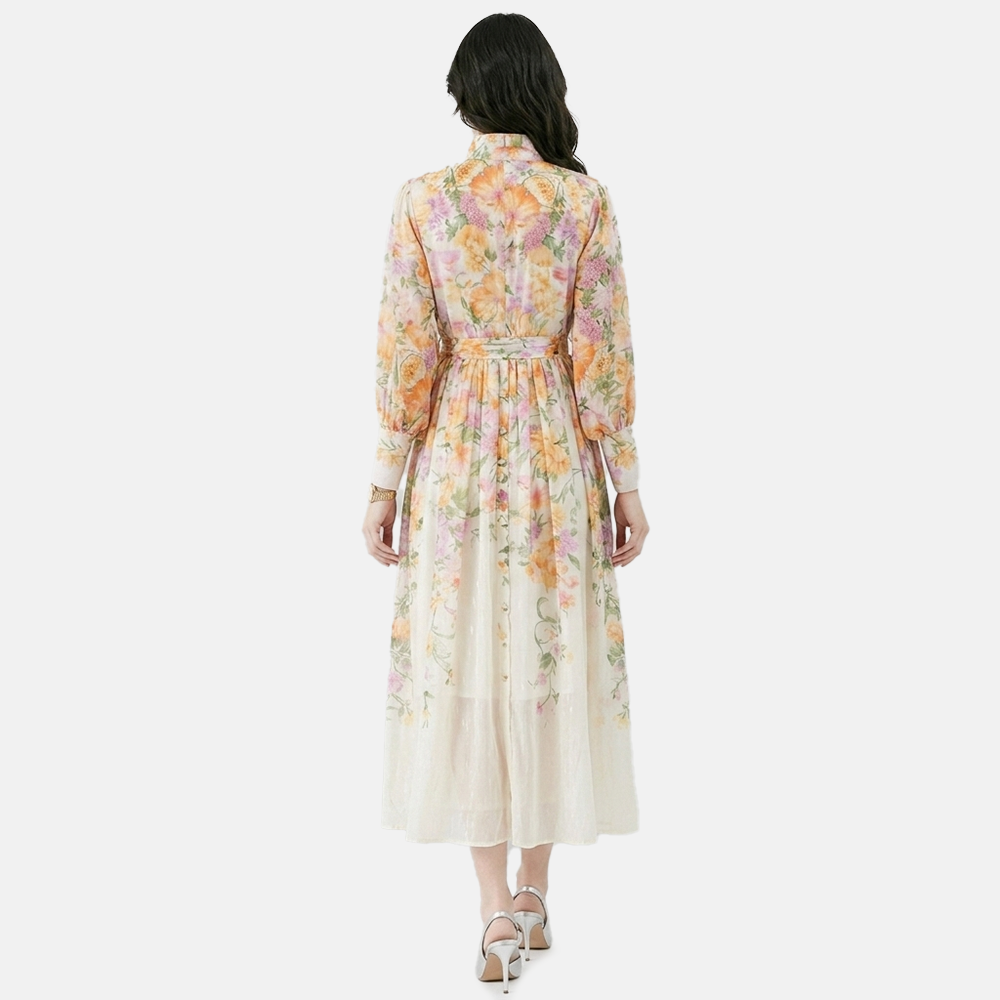 Rivaclo | Women's Floral Long Sleeve Dress with Stand Collar – Elevated Shape