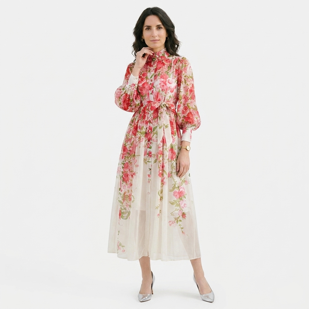 Rivaclo | Women's Floral Long Sleeve Dress with Stand Collar – Elevated Shape