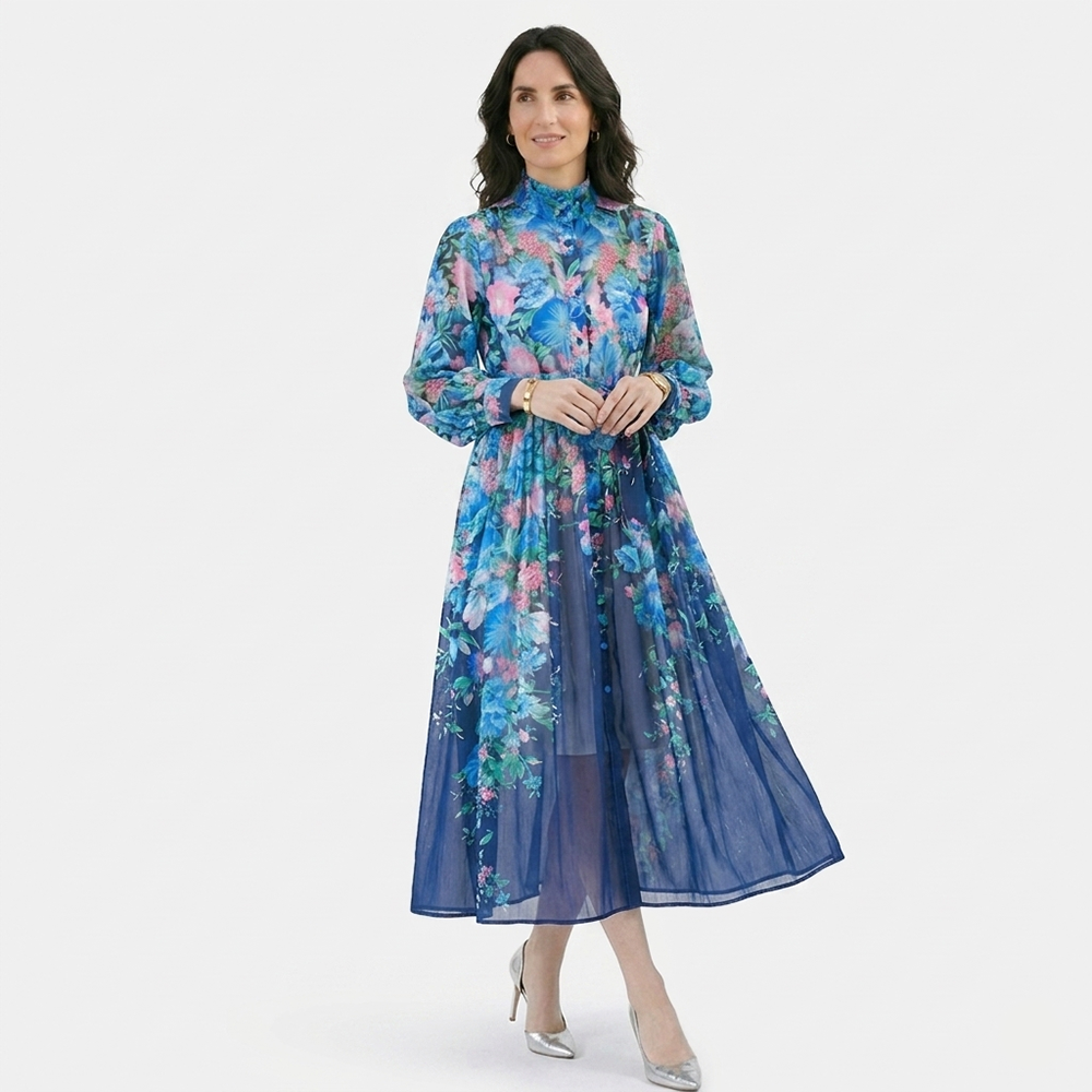 Rivaclo | Women's Floral Long Sleeve Dress with Stand Collar – Elevated Shape