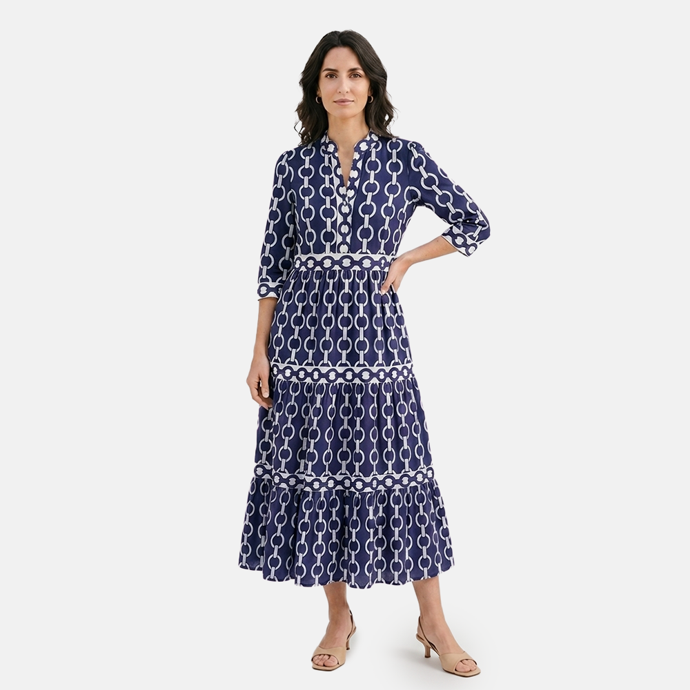 Rivaclo | Women's Geometric Printed Round Neck Dress – Fluid Maxi