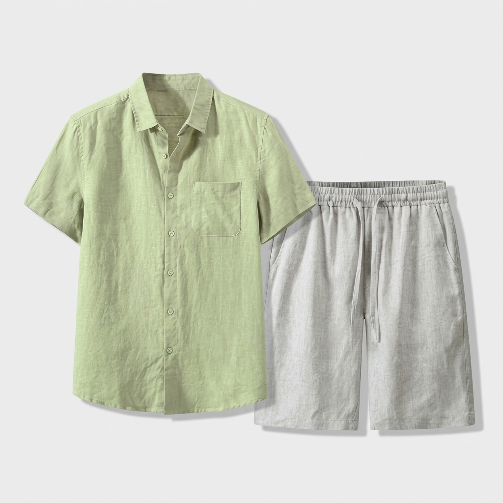 Rivaclo | Men's Short Sleeve Shirt and Shorts Set – Summer Light Green