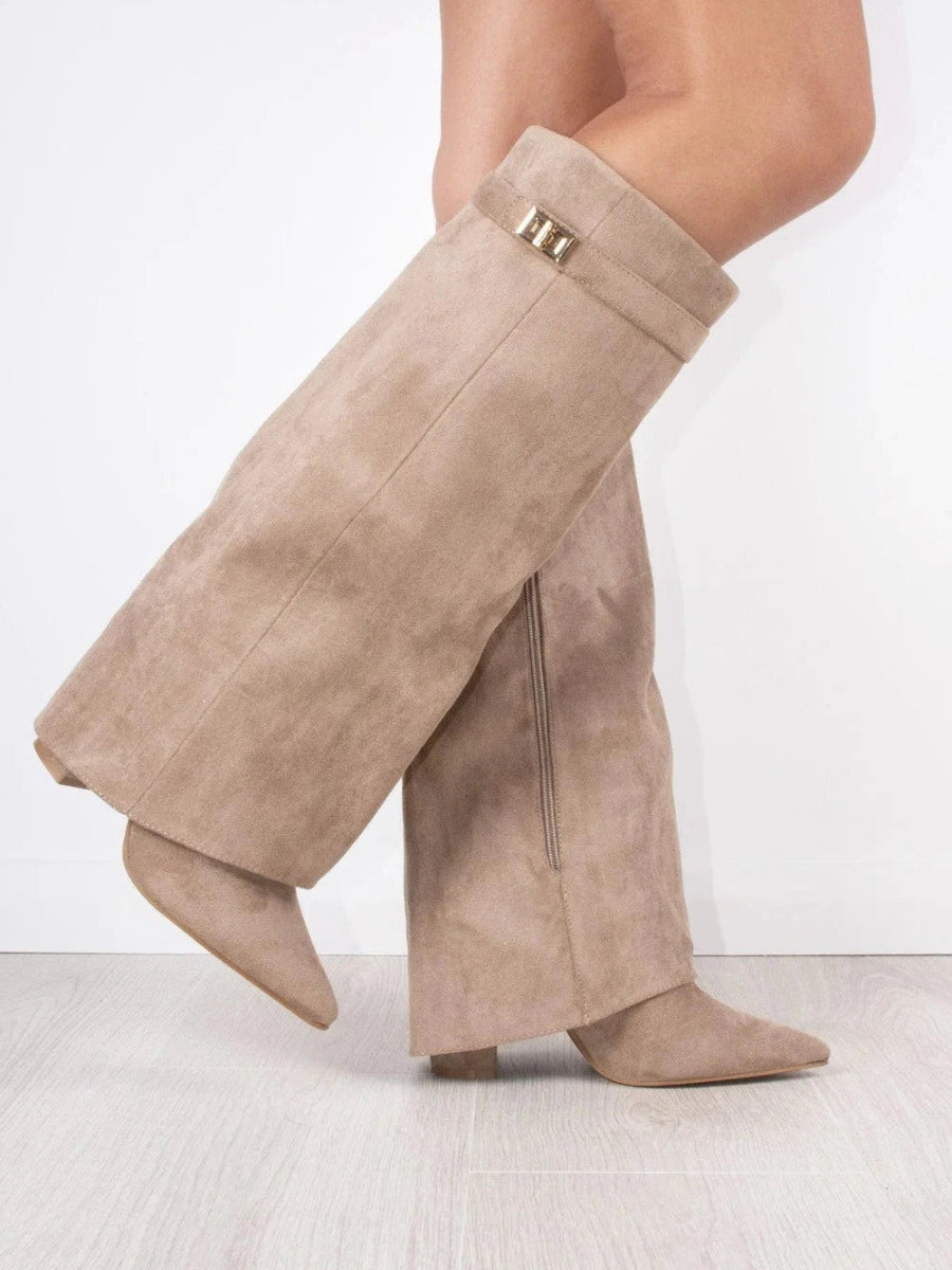 Bottes femme rabat talon bloc imitation daim — Imitation daim beige