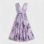 Rivaclo | Femme Robe Midi Florale Plissée – Design Sans Manches à Col V