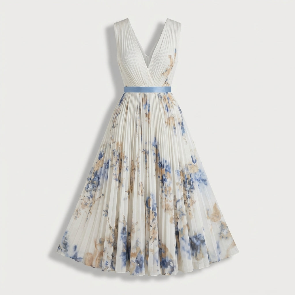 Rivaclo | Femme Robe Midi Florale Plissée – Design Sans Manches à Col V