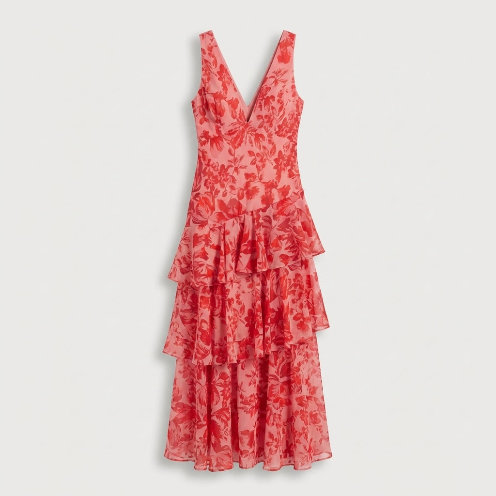 Rivaclo | Femme Robe Maxi Florale à Décolleté V Profond – Silhouette Sans Manches
