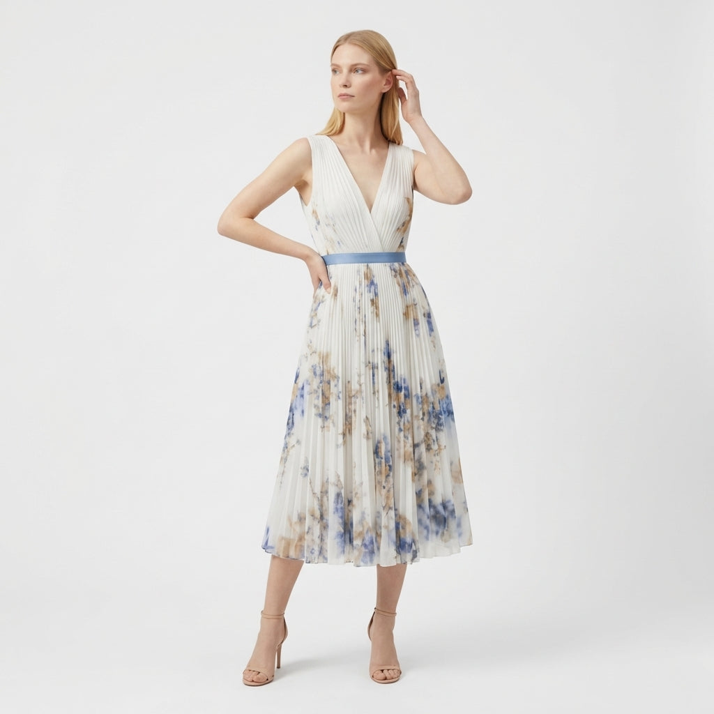 Rivaclo | Femme Robe Midi Florale Plissée – Design Sans Manches à Col V