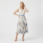 Rivaclo | Femme Robe Midi Florale Plissée – Design Sans Manches à Col V
