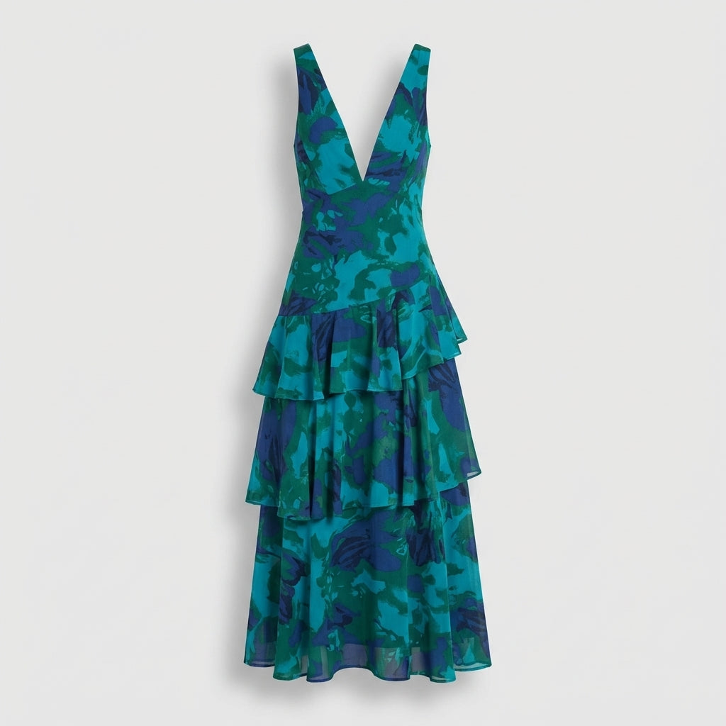 Rivaclo | Femme Robe Maxi Florale à Décolleté V Profond – Silhouette Sans Manches