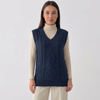 Rivaclo | Femme Gilet en Maille Torsadée Sans Manches | Style Col V