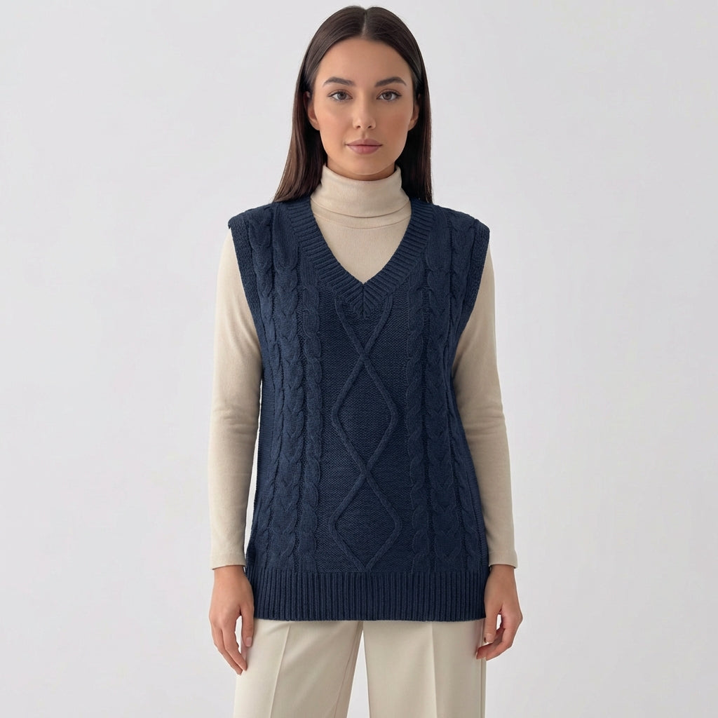 Rivaclo | Femme Gilet en Maille Torsadée Sans Manches | Style Col V
