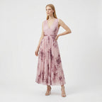 Rivaclo | Femme Robe Midi Florale Plissée – Design Sans Manches à Col V