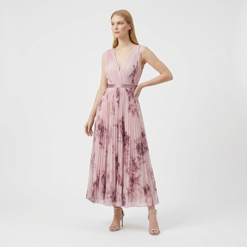 Rivaclo | Women's Pleated Floral Midi Dress – Sleeveless V-Neck Design