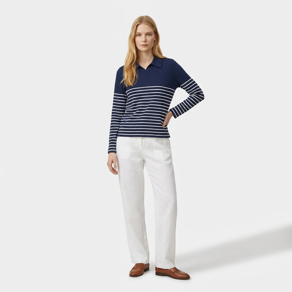 Rivaclo | Femme Polo à Panneaux Rayés à Manches Longues | À Col