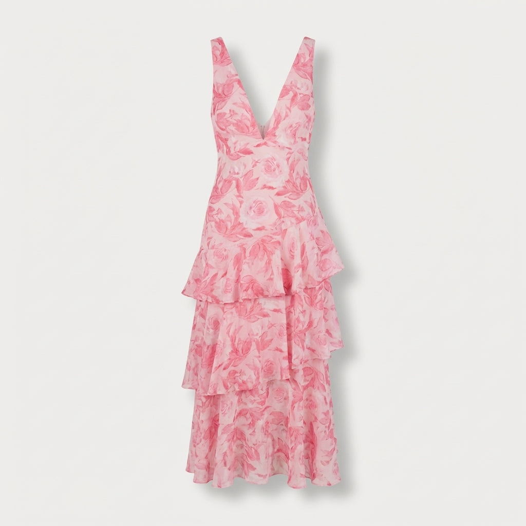 Rivaclo | Femme Robe Maxi Florale à Décolleté V Profond – Silhouette Sans Manches