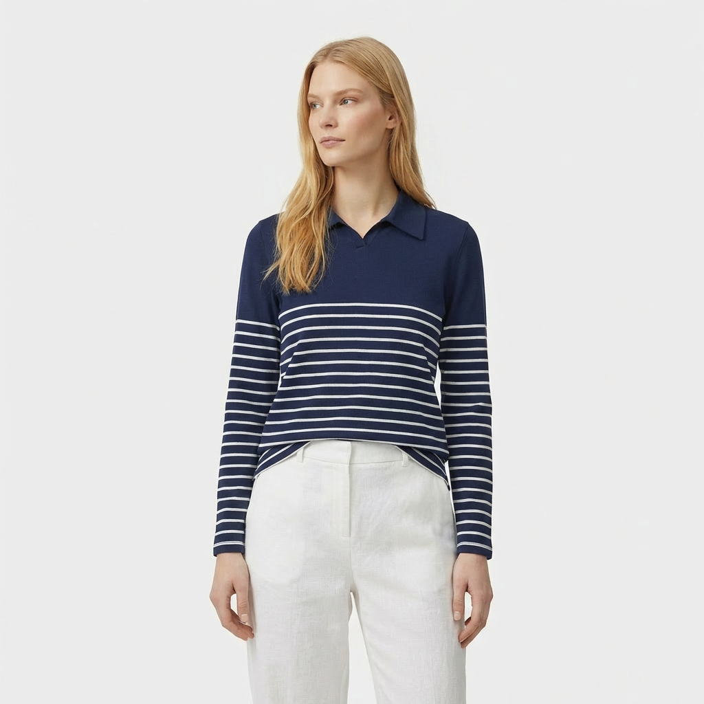 Rivaclo | Femme Polo à Panneaux Rayés à Manches Longues | À Col