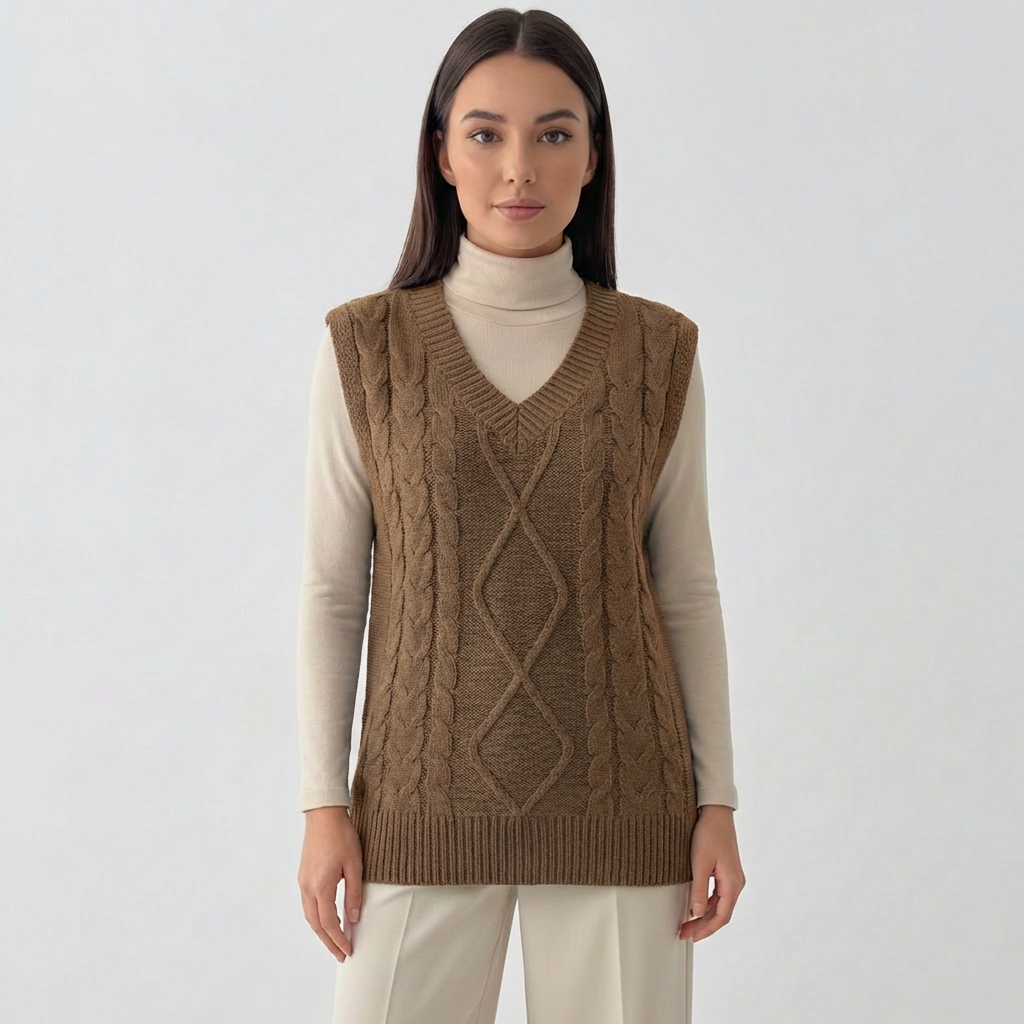 Rivaclo | Femme Gilet en Maille Torsadée Sans Manches | Style Col V