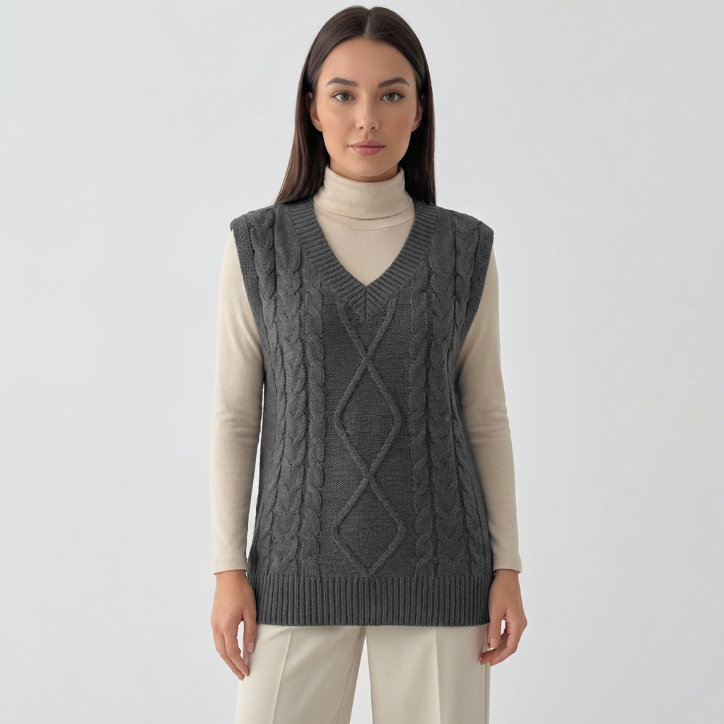 Rivaclo | Femme Gilet en Maille Torsadée Sans Manches | Style Col V
