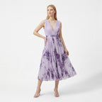 Rivaclo | Femme Robe Midi Florale Plissée – Design Sans Manches à Col V