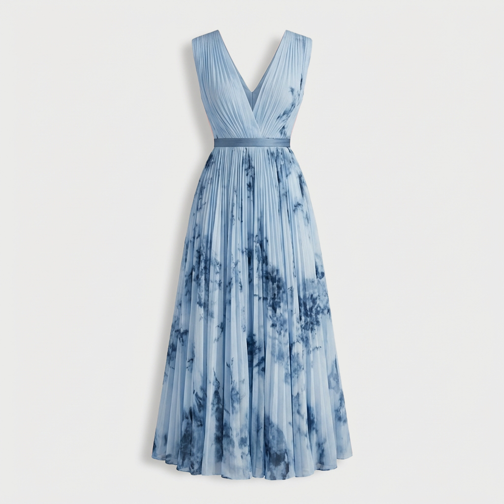 Rivaclo | Femme Robe Midi Florale Plissée – Design Sans Manches à Col V