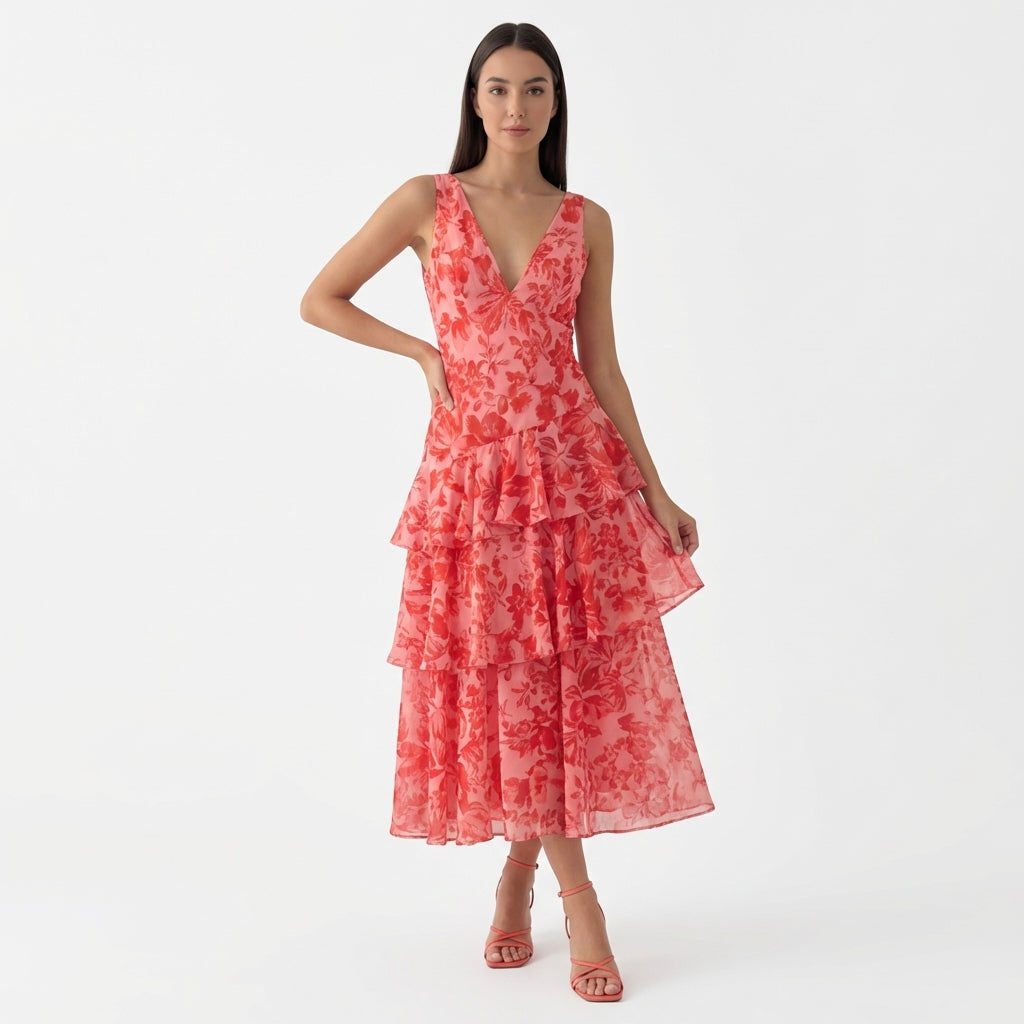 Rivaclo | Femme Robe Maxi Florale à Décolleté V Profond – Silhouette Sans Manches