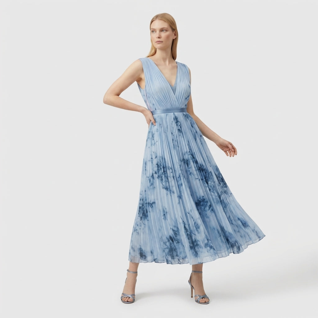Rivaclo | Femme Robe Midi Florale Plissée – Design Sans Manches à Col V