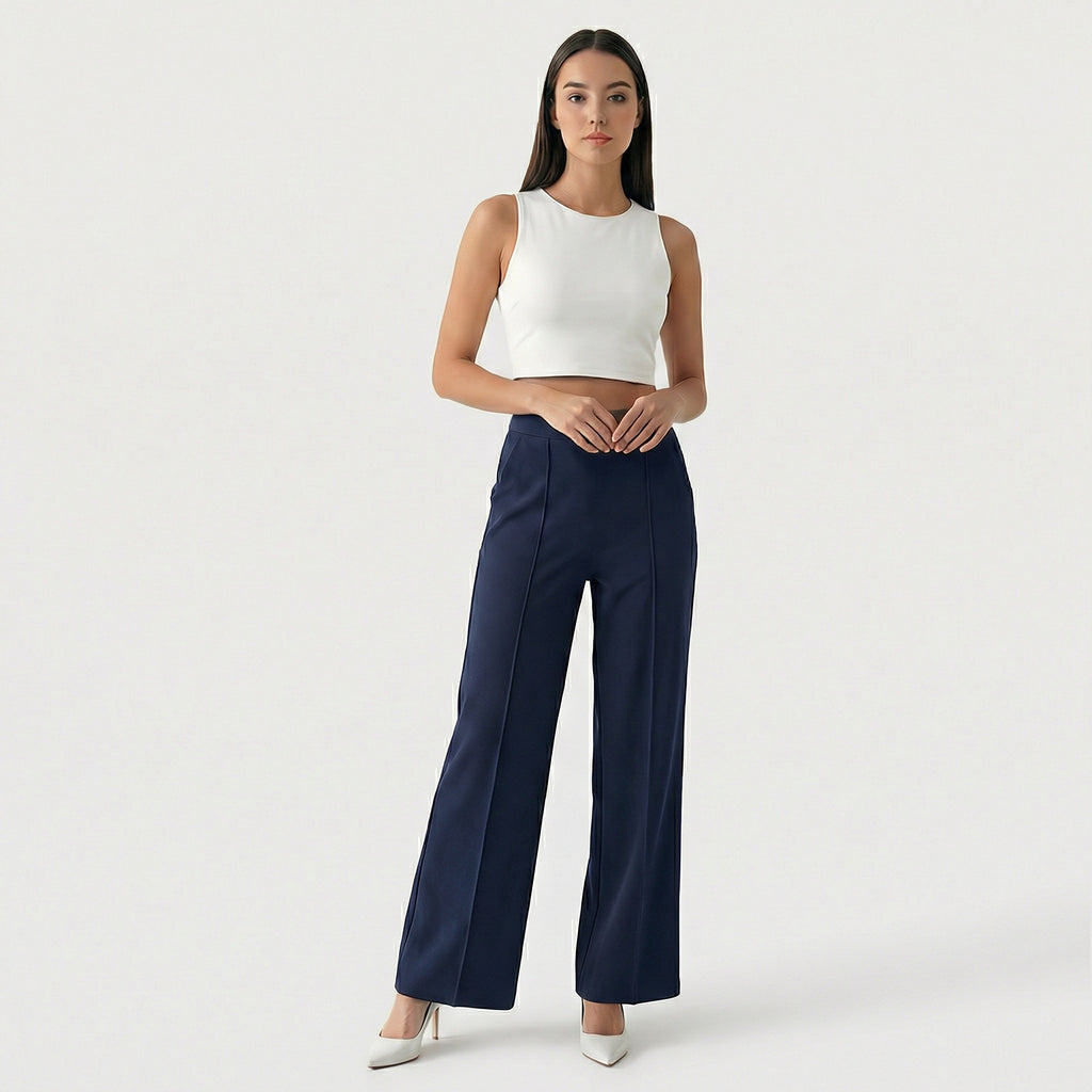 Rivaclo | Femme Pantalon Large Taille Haute | Coupe Ajustée