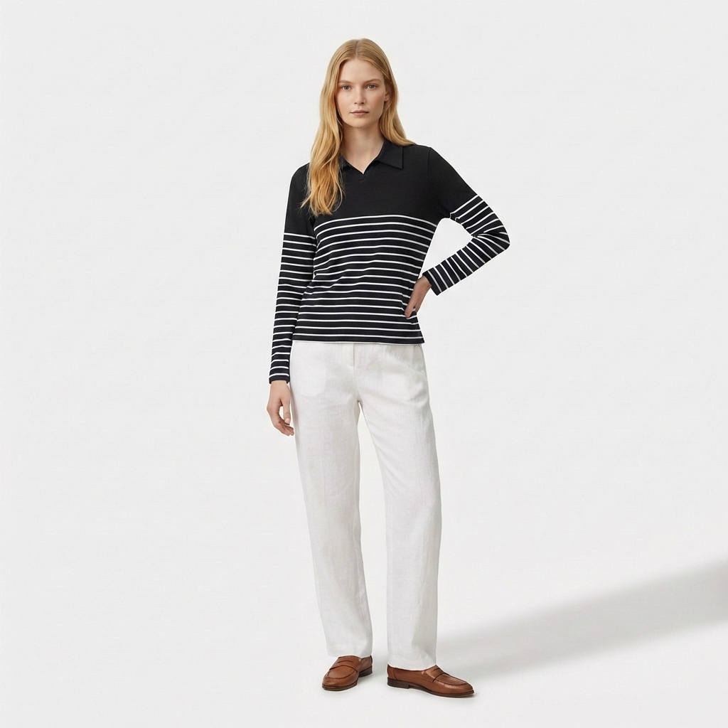 Rivaclo | Femme Polo à Panneaux Rayés à Manches Longues | À Col