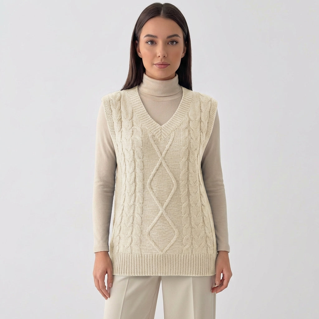 Rivaclo | Femme Gilet en Maille Torsadée Sans Manches | Style Col V